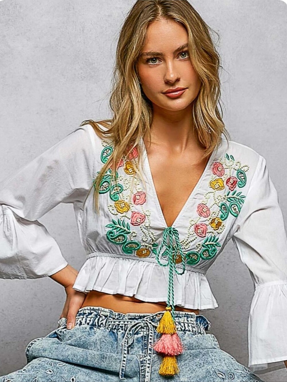 POL White Bohemian Embroidered V-Neck Peplum Crop Top Bell Sleeves with Tassels